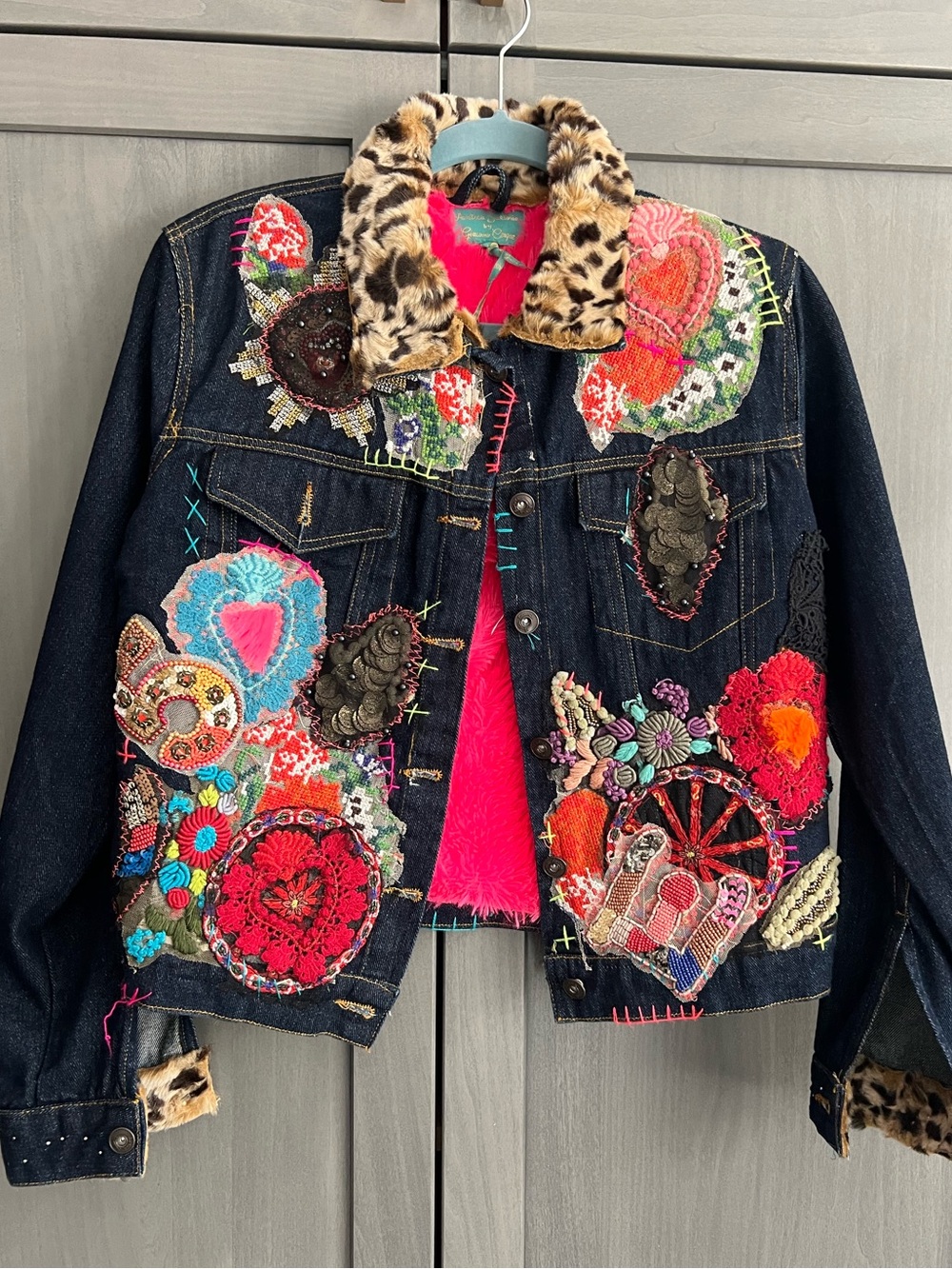 Antica Santoria Embroidered Denim Jacket with Fuschia and Leopard Trim - Picture 1 of 15